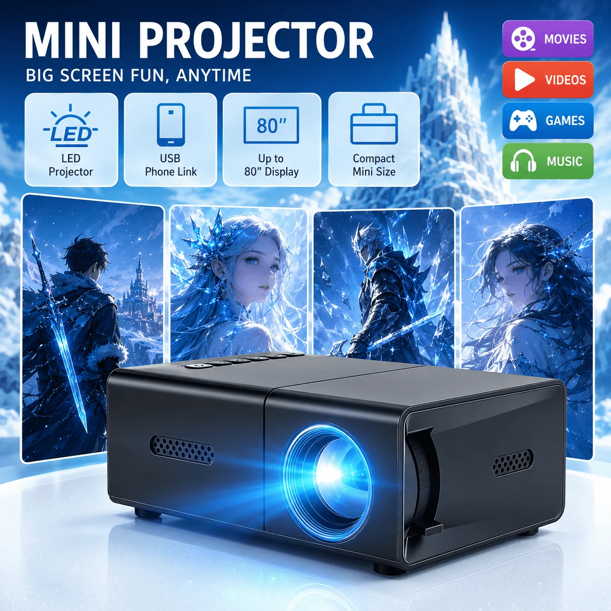 Home Cinema Led Projector - Mini proiettore portatile, compatibile con home